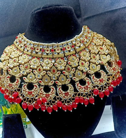 Royal Kundan Bridal Jewellery Set With Green Beads, Choker Necklace, Long Haar, Maang Tikka, Earrings, Haathphool And Ring, Traditional Wedding Festive Wear Jewellery For Women