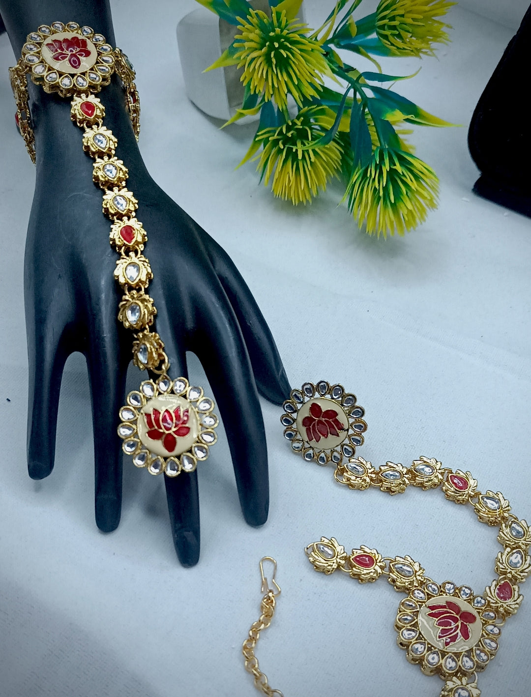 Royal Kundan Bridal Jewellery Set With Green Beads, Choker Necklace, Long Haar, Maang Tikka, Earrings, Haathphool And Ring, Traditional Wedding Festive Wear Jewellery For Women