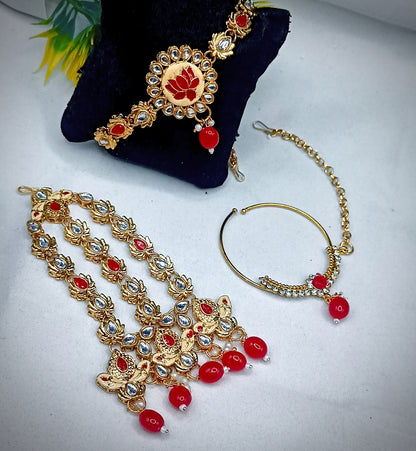 Royal Kundan Bridal Jewellery Set With Green Beads, Choker Necklace, Long Haar, Maang Tikka, Earrings, Haathphool And Ring, Traditional Wedding Festive Wear Jewellery For Women