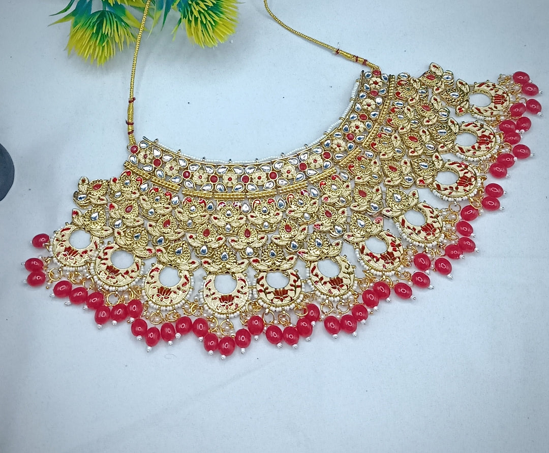 Royal Kundan Bridal Jewellery Set With Green Beads, Choker Necklace, Long Haar, Maang Tikka, Earrings, Haathphool And Ring, Traditional Wedding Festive Wear Jewellery For Women