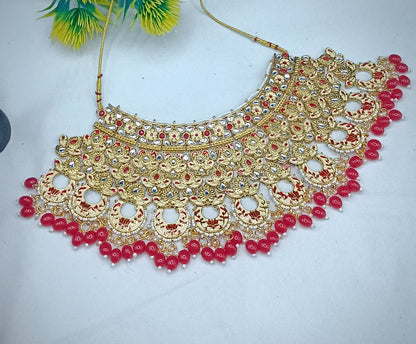 Royal Kundan Bridal Jewellery Set With Green Beads, Choker Necklace, Long Haar, Maang Tikka, Earrings, Haathphool And Ring, Traditional Wedding Festive Wear Jewellery For Women