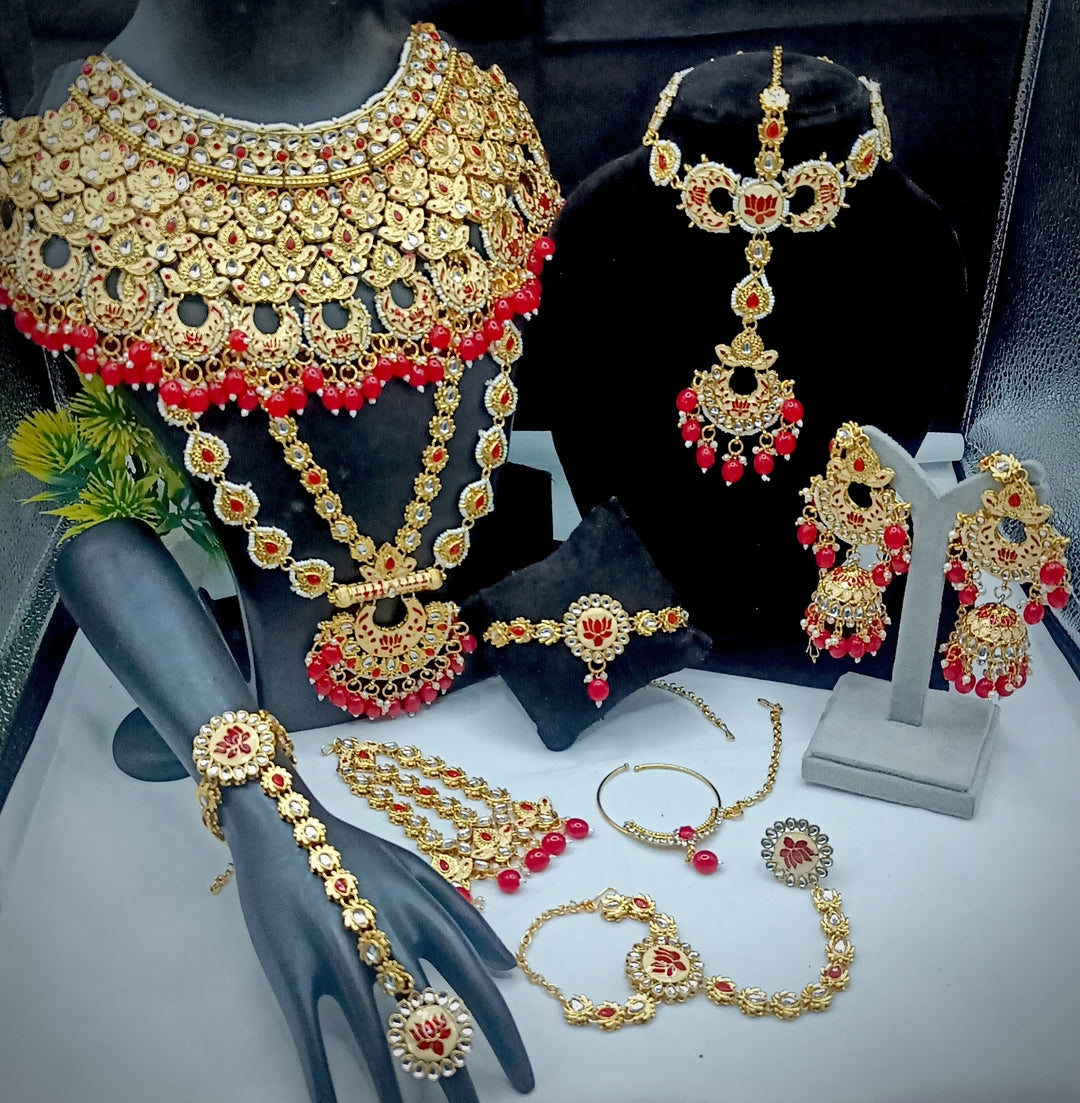 Royal Kundan Bridal Jewellery Set With Green Beads, Choker Necklace, Long Haar, Maang Tikka, Earrings, Haathphool And Ring, Traditional Wedding Festive Wear Jewellery For Women