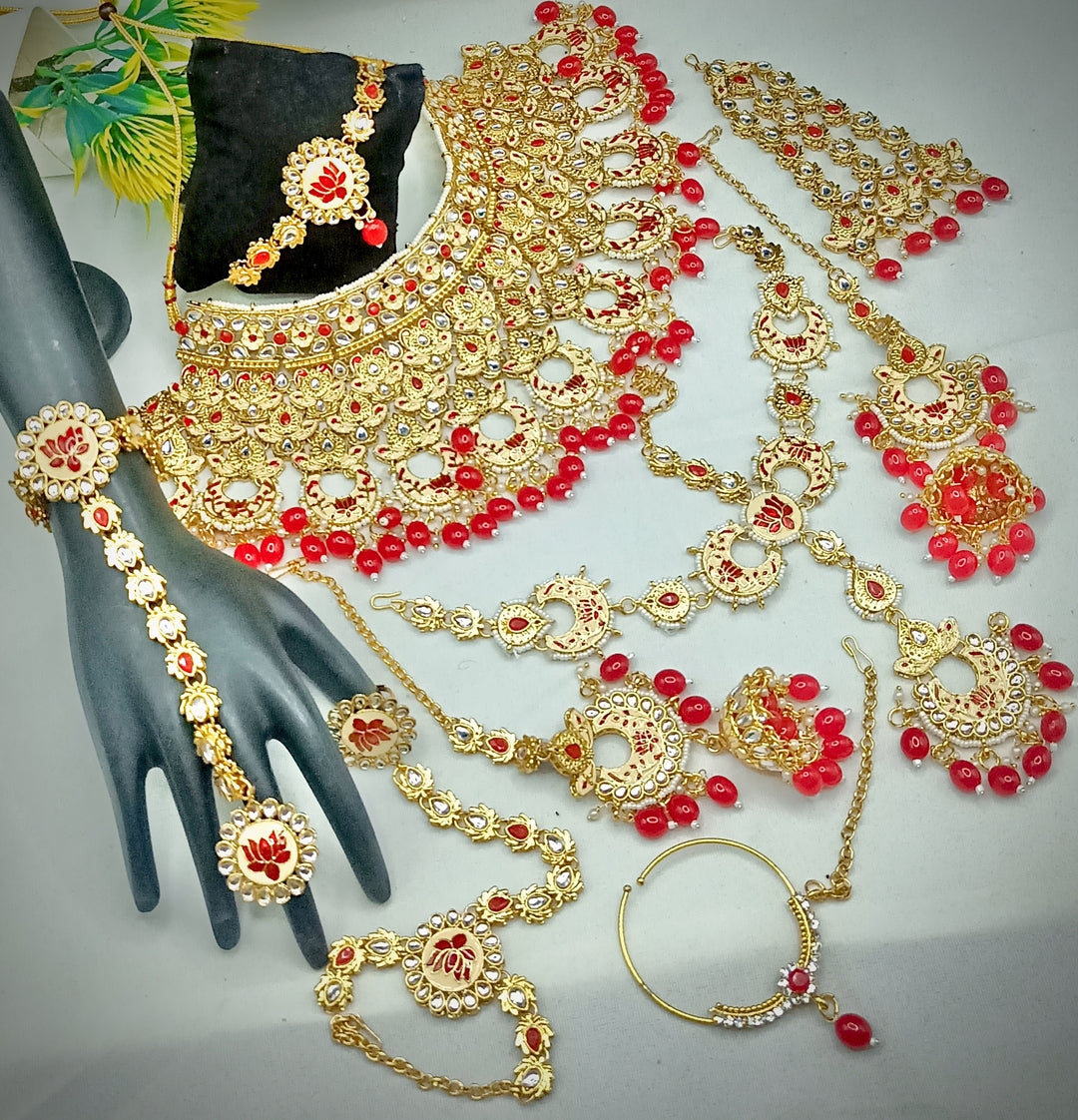 Royal Kundan Bridal Jewellery Set With Green Beads, Choker Necklace, Long Haar, Maang Tikka, Earrings, Haathphool And Ring, Traditional Wedding Festive Wear Jewellery For Women