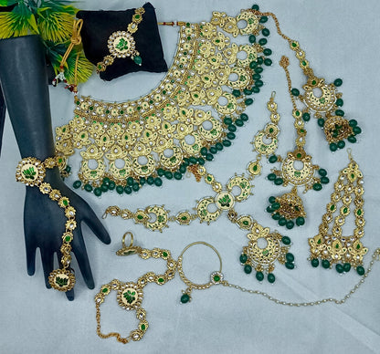 Royal Kundan Bridal Jewellery Set With Green Beads, Choker Necklace, Long Haar, Maang Tikka, Earrings, Haathphool And Ring, Traditional Wedding Festive Wear Jewellery For Women