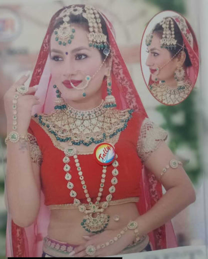 Royal Kundan Bridal Jewellery Set With Green Beads, Choker Necklace, Long Haar, Maang Tikka, Earrings, Haathphool And Ring, Traditional Wedding Festive Wear Jewellery For Women