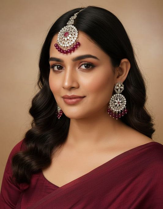 Beaded Kundan Chandbali Earrings & Maang Tikka Set – Royal Ethnic Jewellery