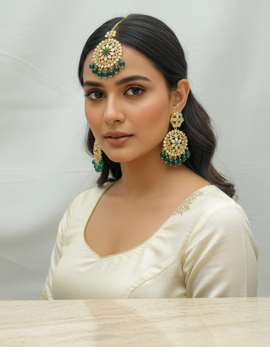 Beaded Kundan Chandbali Earrings & Maang Tikka Set – Royal Ethnic Jewellery