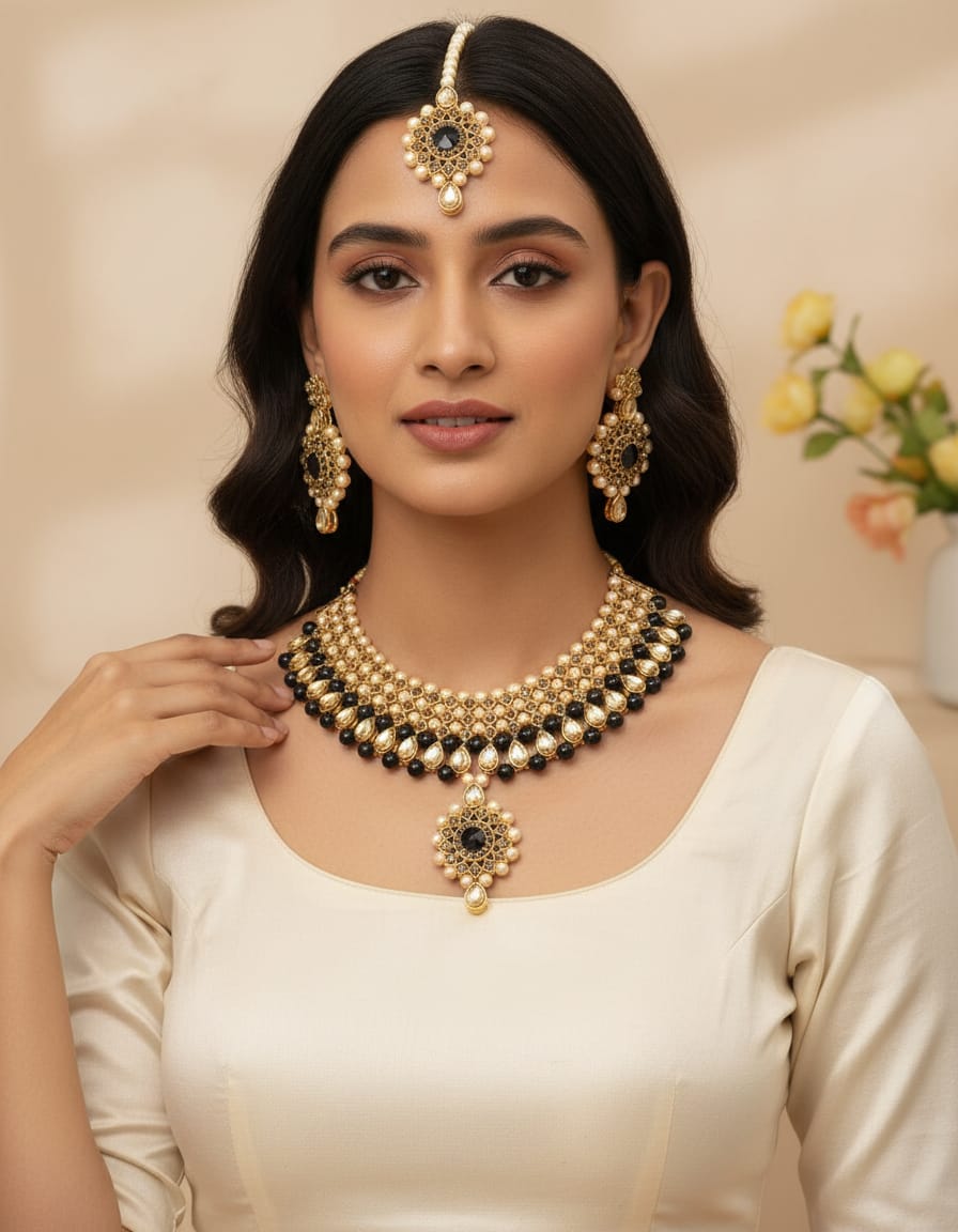 Elegant Black Stone and Pearl Bridal Jewelry Set with Necklace, Earrings and Maang Tikka – Traditional Gold-Plated Ethnic Wedding Jewelry Set for Women and Girls for Festive and Party Wear.