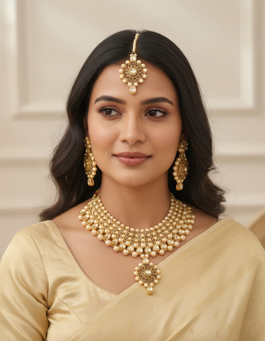 Elegant Black Stone and Pearl Bridal Jewelry Set with Necklace, Earrings and Maang Tikka – Traditional Gold-Plated Ethnic Wedding Jewelry Set for Women and Girls for Festive and Party Wear.
