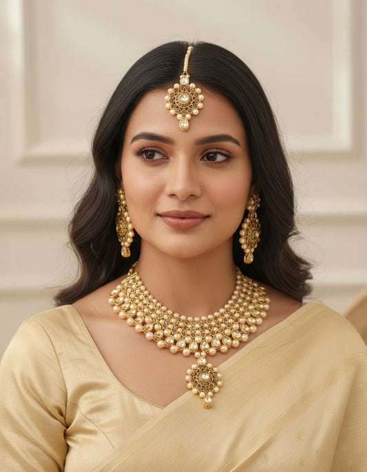 Elegant Black Stone and Pearl Bridal Jewelry Set with Necklace, Earrings and Maang Tikka – Traditional Gold-Plated Ethnic Wedding Jewelry Set for Women and Girls for Festive and Party Wear.