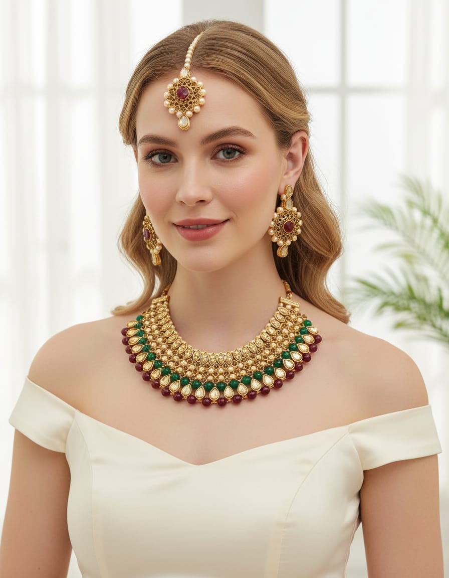 Elegant Black Stone and Pearl Bridal Jewelry Set with Necklace, Earrings and Maang Tikka – Traditional Gold-Plated Ethnic Wedding Jewelry Set for Women and Girls for Festive and Party Wear.