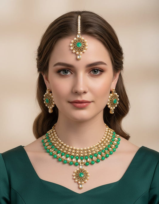 Elegant Black Stone and Pearl Bridal Jewelry Set with Necklace, Earrings and Maang Tikka – Traditional Gold-Plated Ethnic Wedding Jewelry Set for Women and Girls for Festive and Party Wear.