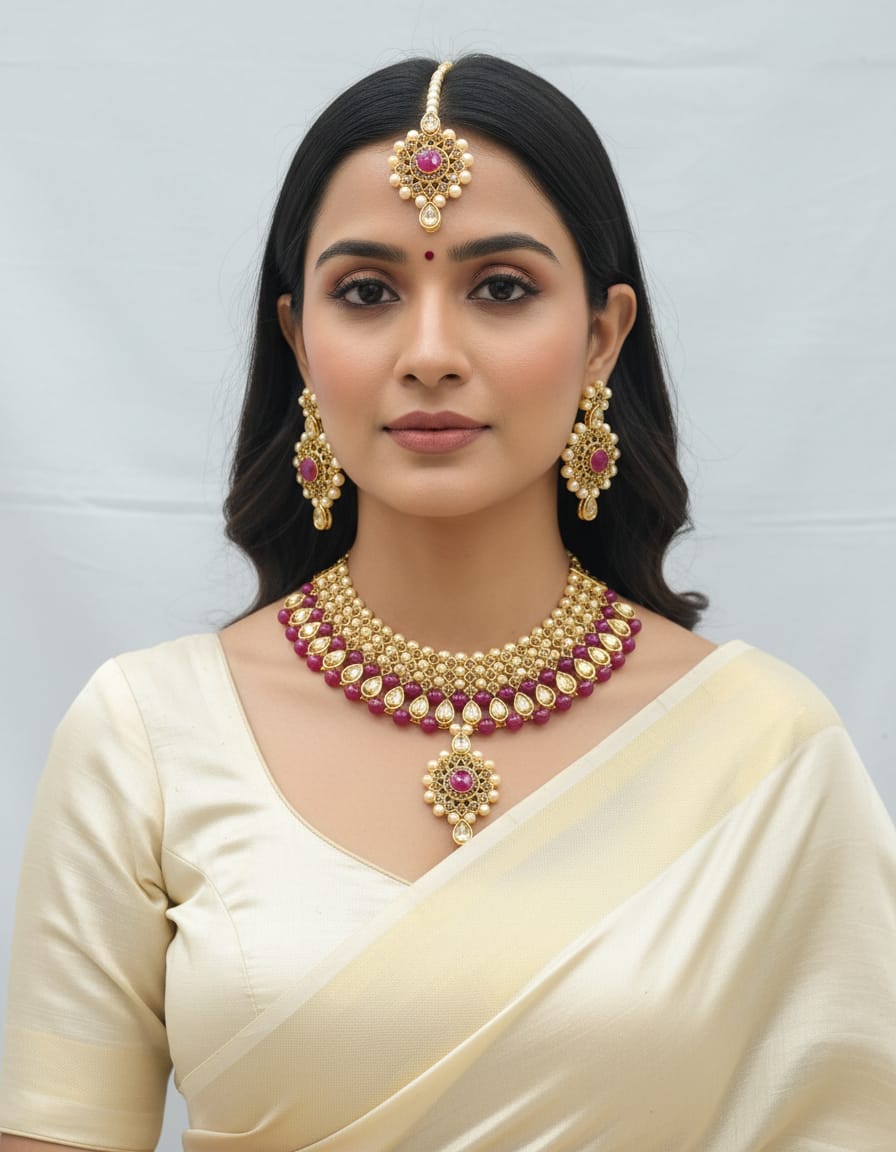 Elegant Black Stone and Pearl Bridal Jewelry Set with Necklace, Earrings and Maang Tikka – Traditional Gold-Plated Ethnic Wedding Jewelry Set for Women and Girls for Festive and Party Wear.