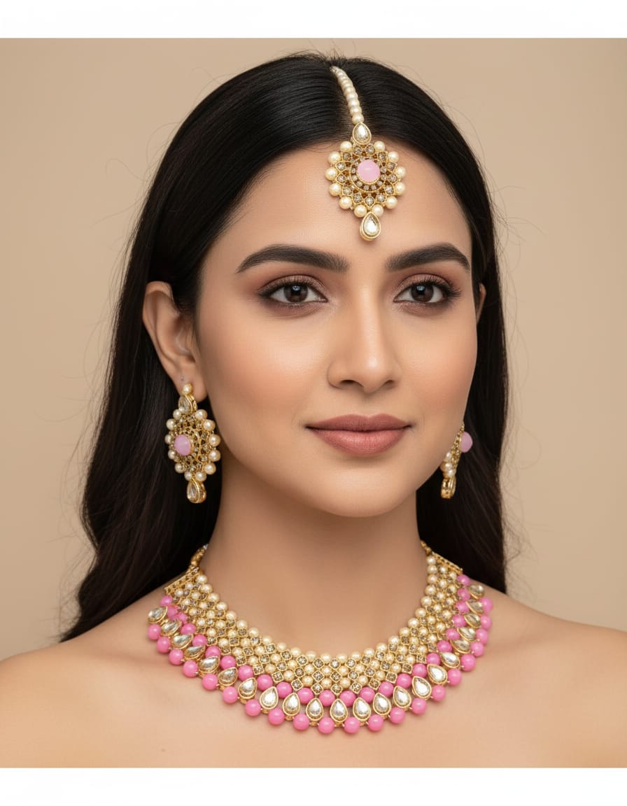 Elegant Black Stone and Pearl Bridal Jewelry Set with Necklace, Earrings and Maang Tikka – Traditional Gold-Plated Ethnic Wedding Jewelry Set for Women and Girls for Festive and Party Wear.