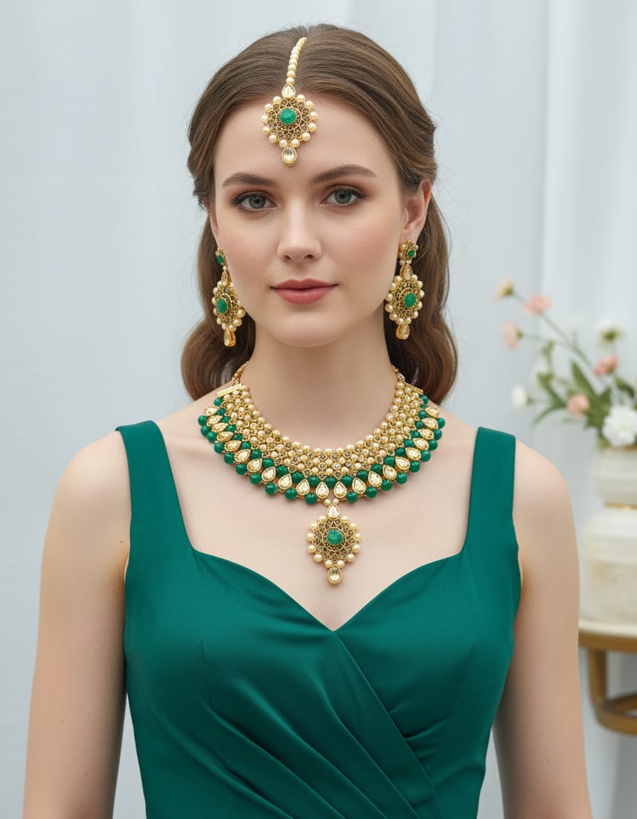 Elegant Black Stone and Pearl Bridal Jewelry Set with Necklace, Earrings and Maang Tikka – Traditional Gold-Plated Ethnic Wedding Jewelry Set for Women and Girls for Festive and Party Wear.