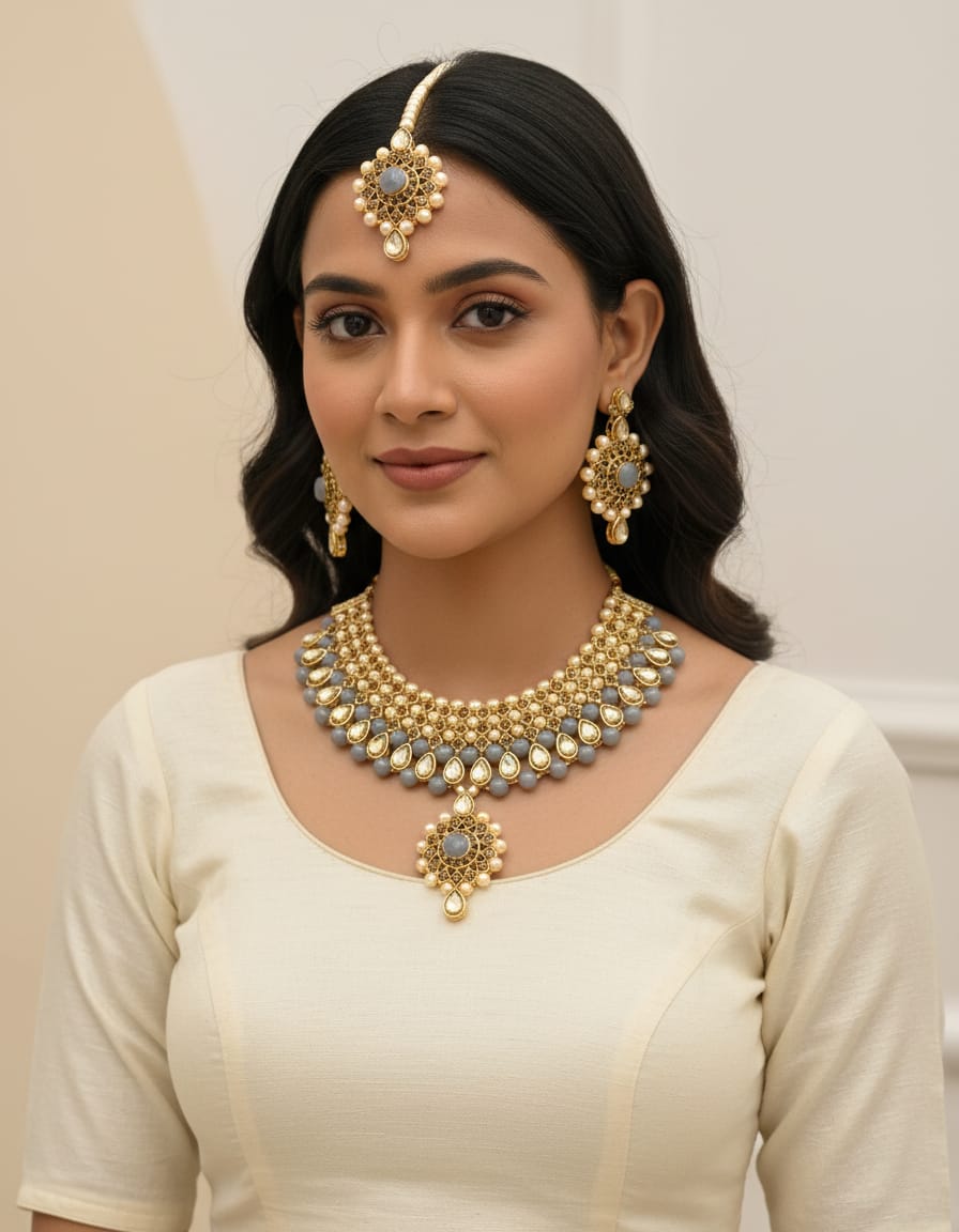 Elegant Black Stone and Pearl Bridal Jewelry Set with Necklace, Earrings and Maang Tikka – Traditional Gold-Plated Ethnic Wedding Jewelry Set for Women and Girls for Festive and Party Wear.