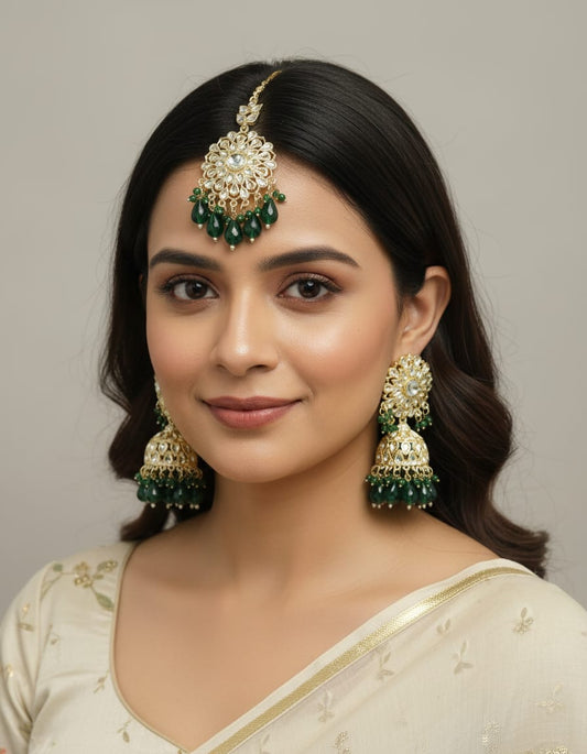Elegant Gold-Tone Kundan Jhumka Earrings with Floral Stud Design, Handcrafted Pearl Drop Detailing, Traditional Indian Ethnic Jewelry for Weddings, Festive Occasions and Party Wear