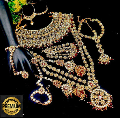 Royal Kundan Bridal Jewellery Set With Green Beads, Choker Necklace, Long Haar, Maang Tikka, Earrings, Haathphool And Ring, Traditional Wedding Festive Wear Jewellery For Women