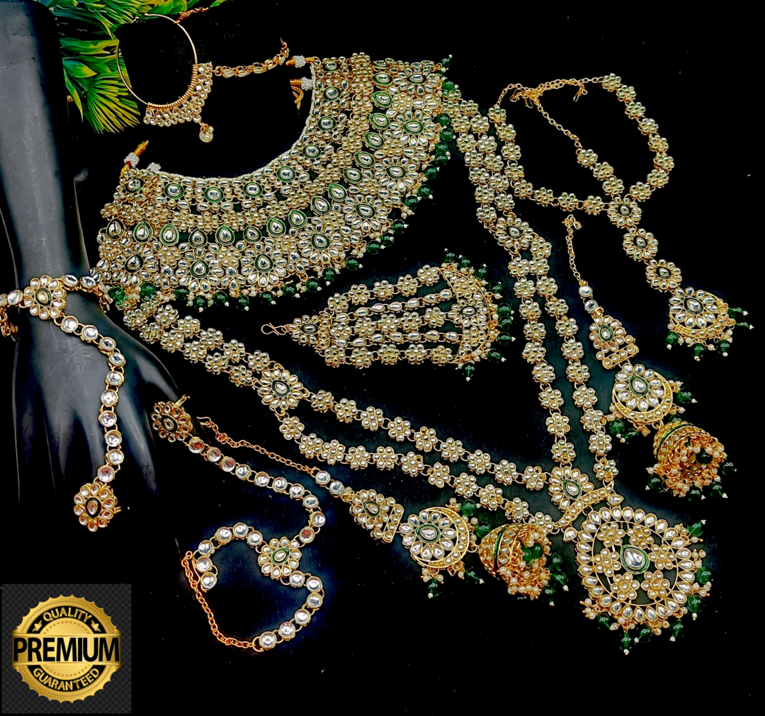 Royal Kundan Bridal Jewellery Set With Green Beads, Choker Necklace, Long Haar, Maang Tikka, Earrings, Haathphool And Ring, Traditional Wedding Festive Wear Jewellery For Women